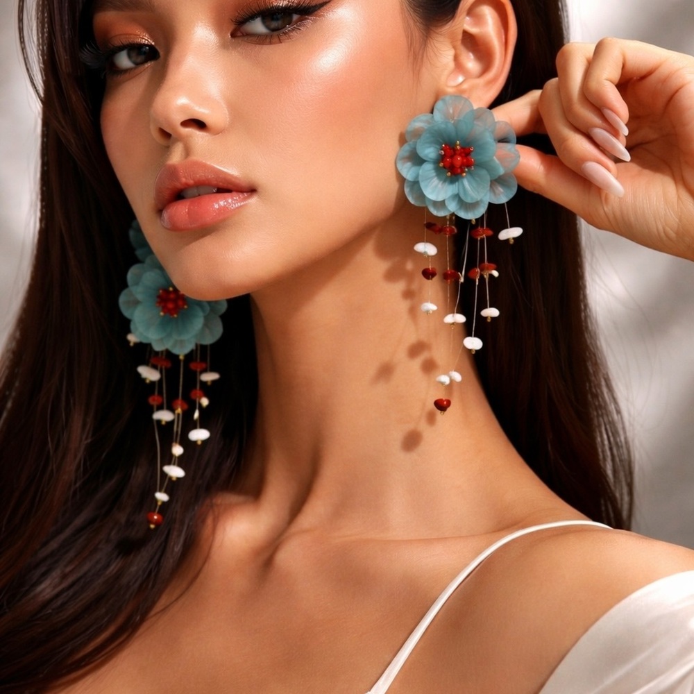 Statement Blue Floral Drop Earrings Long Beaded Tassel Chic Boho Luxury